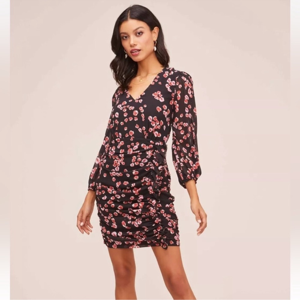 ASTR The Label Shirred Long Sleeve Mini Dress Red Petal Size Medium